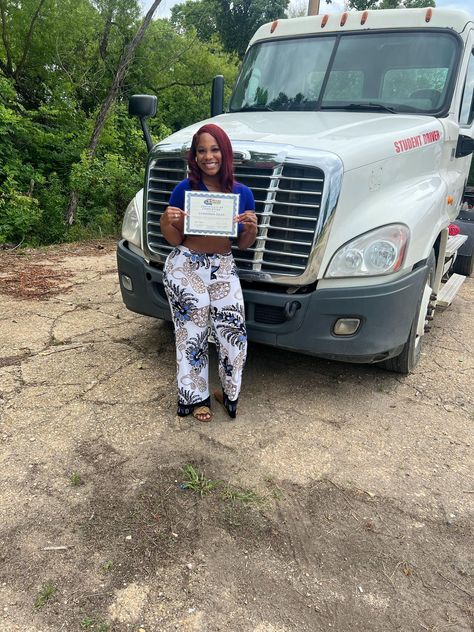 From Fashion To Freight!!   Congrats Charisma we are so proud of you  www.midstatedrivingacademy.com  Thank you for letting Mid State help you along the way.    #midstate #Midstatedrivingacademy #thingstodoinmontgomery #cdl #trucking #truckdriver #trucker #trucks #truckerlife #cdllife #cdldriver #truck #truckinglife #freightliner #truckdrivers #transportation #trucklife #bigrig #ladytruckers Women Truck Driver Quotes, Lady Truck Drivers, Trucker Quotes Truck Drivers, Women Truck Driver, Ira Strum Truck Driver, Trucks For Sell, Female Trucks, Dump Trucks For Sale, Mid Journey