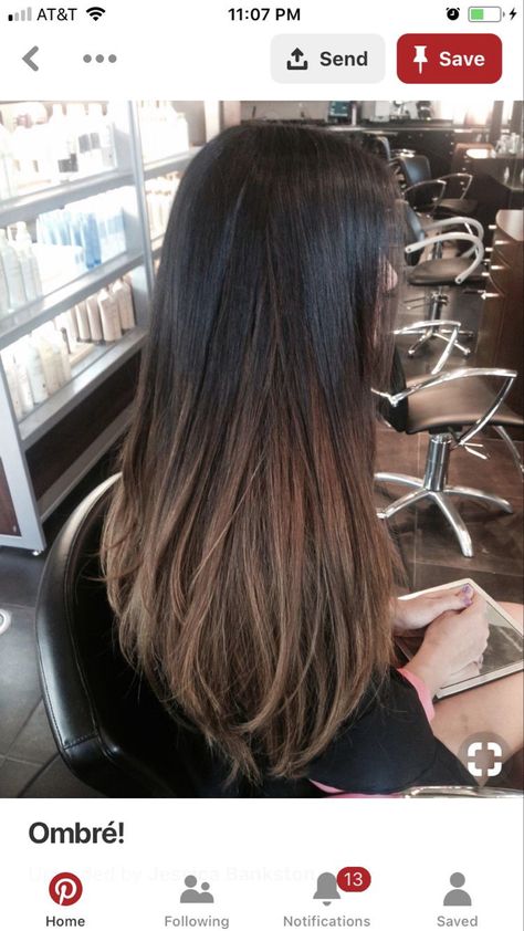 Dark Brown Hair With Light Ends, Brown Ends On Black Hair, Hair Ends Dyed, Ombre Hair Color For Black Hair, Black To Brown Ombre Hair, Brown Hair Tips, Black Hair Dyed Brown, Straight Hair Balayage, Black Hair Fade