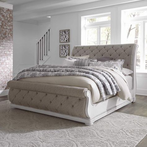 Savannah Sleigh Bed | Upholstered Queen Sleigh Bed | Jerome's California King Sleigh Bed, King Sleigh Bed, Queen Sleigh Bed, Upholstered Sleigh Bed, Sleigh Bed, White King, Sleigh Beds, Beds & Bed Frames, Liberty Furniture