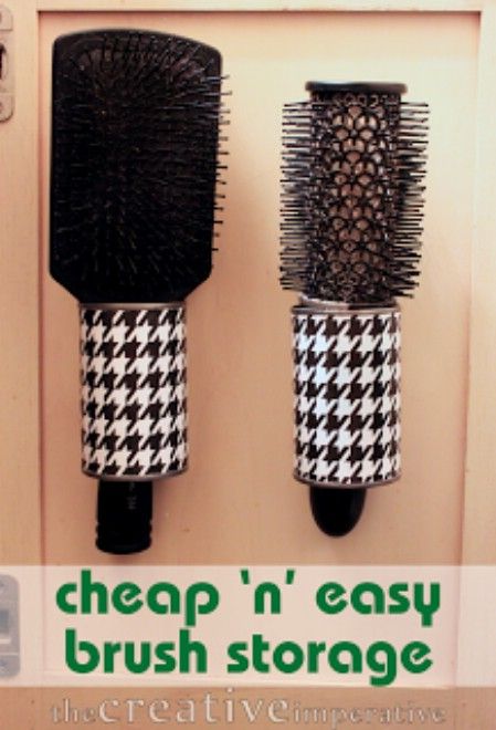 Empty Tin Cans Make Great Hairbrush Holders.  Remove both ends of the cans, clean them very well with warm soapy water and then cover them with Washi tape, paint, wallpaper or Fabric works very well and hot glue does a good job of holding your cover in place. Then attach them with screws to the inside of your vanity door. DIY by Thecreativeimperative Hairbrush Storage, Hair Brush Holder, Brush Holders, Brush Storage, College Days, Recycled Tin, Mouse House, Tin Can Crafts, Tin Cans