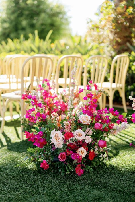 Hot Pink Florals And An Epic Dance Band in San Diego White And Fuschia Wedding, Hot Pink Wedding Color Palette, Gusaba Decor, Orange And Hot Pink Wedding, Pink Wedding Ceremony Flowers, Bougainvillea Arch, Hot Pink Wedding Theme, Hot Pink Wedding Colors, Hot Pink Wedding Invitations