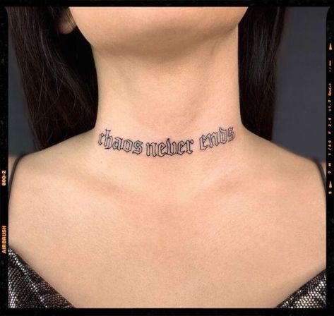 Neck Tattoo Inspiration Choker Tattoo Neck, Throat Tattoo Words, Throat Word Tattoo, Neck Tattoo Font, Letter Neck Tattoo, Neck Word Tattoo, Neck Tattoo Words, Word Neck Tattoos, Tattoos 2022