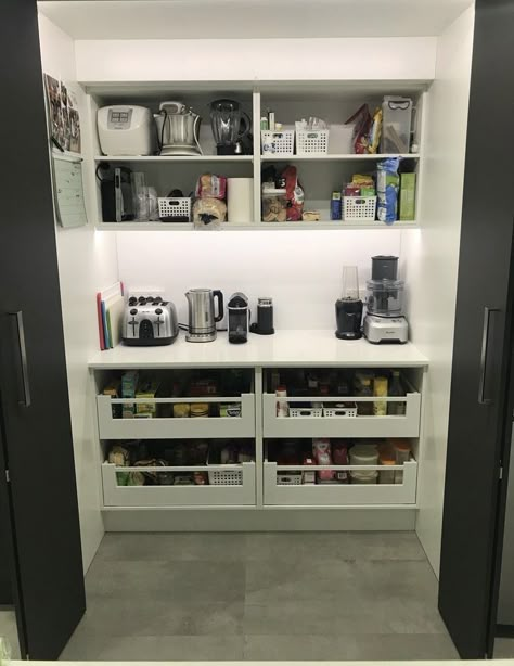 Linen Closet Into Pantry, Pantry Appliance Counter, Kitchen Pantry Appliance Storage, Appliance Pantry Closet, Butlers Pantry Closet, Kitchen Appliance Closet, Small Pantry With Appliance Counter, Butlers Cupboard, Deep Cabinet Solutions