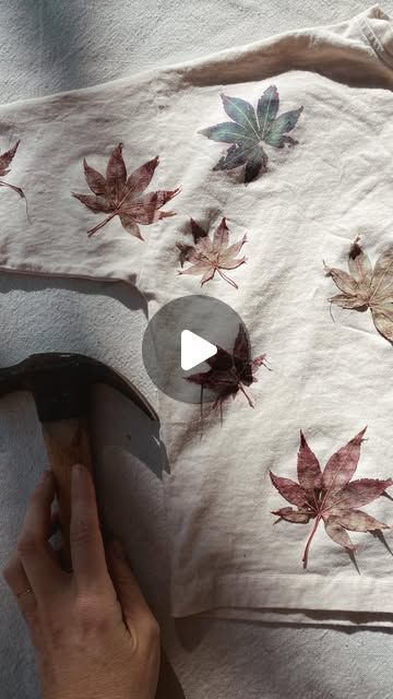 Jamie Young - Natural Dye Educator on Instagram: "Japanese maple leaves make the prettiest prints ✨  👉🏼✨Comment HAMMER & I’ll send you a tutorial where I share the entire leaf pounding process. It’s one of the best natural dye techniques to do with kids & such a fun way to make holiday gifts. 🎄  How it works:  1. A barrier is placed inside the shirt, between the front and back layers to keep the dyes from bleeding through.  2. Leaves are laid onto ✨pretreated✨ fabric, covered with a piece of plastic, paper, or cloth then hammered to transfer their natural dyes onto the fabric. If the fabric has been mordanted, the dyes will bind with the mordants and become fixed into the fabrics.  3. The skeleton of the leaf is peeled away, leaving its beautiful print behind.   Red Japanese Maple leave Plant Dyeing, Eco Printing Textiles, Japanese Maple Leaf, Japanese Maple Leaves, Leaf Dyeing, Dye Techniques, Jamie Young, The Skeleton, Eco Printing