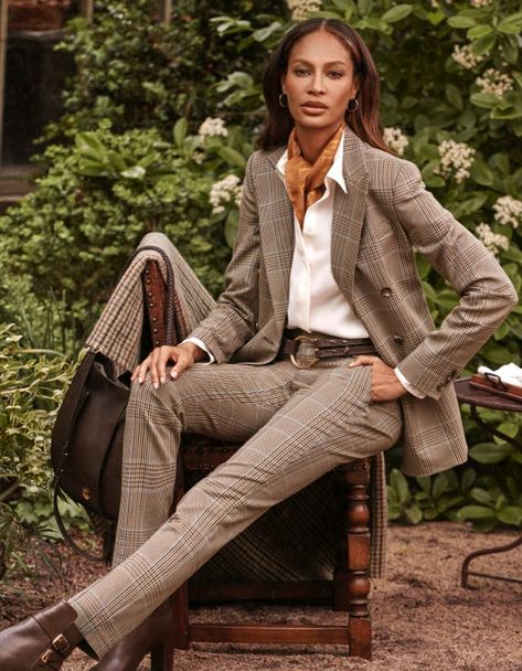 Polo Style Women Outfits, Posh British Aesthetic, Chocolate Brown Pants Outfit, Plaid Suits Women, 3 Piece Suit Women, Brown Blazer Outfit, Equestrian Photoshoot, Blazer Outfit Ideas, Suits 2023