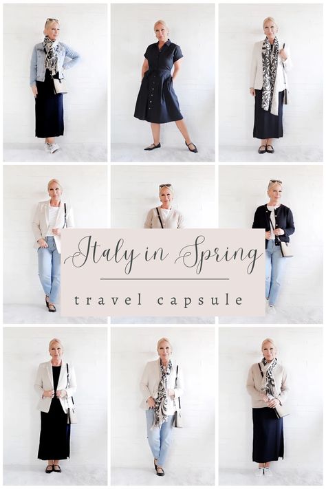 Italy in Spring Travel Capsule Wardrobe - Midlife Posh Closet Italian Capsule Wardrobe, Europe Travel Wardrobe, Black Travel Dress, Travel Wardrobe Capsule, Travel Capsule Wardrobe Spring, Italy In Spring, Spring Travel Capsule, Travel Wardrobe Spring, Travel Capsule Wardrobe Summer