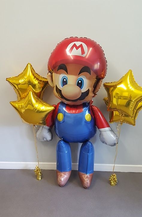 Mario Balloons, Gold Star Balloons, Super Mario Bros Party Ideas, Mario Brothers Birthday Party, Mario Bros Birthday Party Ideas, Mario Birthday Cake, Super Mario Bros Party, Mario And Princess Peach, Mario Bros Birthday