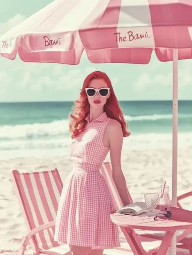 ↑↑↑ Larger size on website 🔸 A young woman in a pink gingham dress and sunglasses stands under a pink and white striped beach umb Gingham Aesthetic, Classic Vintage Aesthetic, Pink Gingham Dress, Fashion 50s, Pink Table, Beach Umbrella, On Beach, Pink Gingham, Gingham Dress