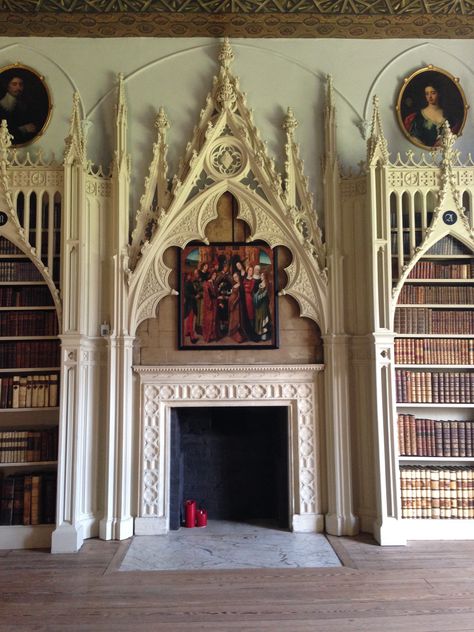 Gothic Revival Fireplace, Gothic Revival Mansion, Arched Bookcases, Gothic Geometry, Gothic Bar, Gothic Fireplace, Dream Home Library, Gothic Arches, Gothic Arch