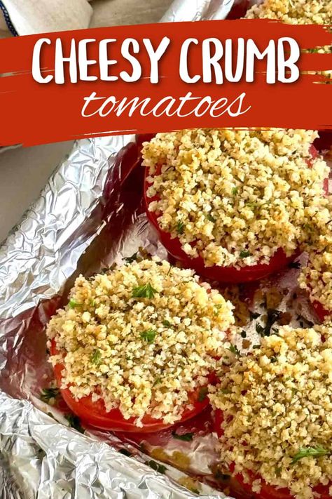 Cheesy crumb tomatoes need only 10 minutes of prep and give you juicy baked tomatoes with a crunchy Parmesan herb crust. The perfect side dish for any meal and the best way to use up all those yummy summer tomatoes! Sides With Tomatoes, Bread Crumb Topping Casseroles, Tomatoes Side Dish, Baked Tomatoes With Bread Crumbs, Toasted Bread With Tomatoes, Toasted Bread Crumbs, Bread Crumb Topping, Parmesan Tomatoes, Baked Parmesan Tomatoes