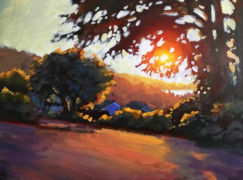 grass bathed in sunlight that peaks through the tress overlooking hills into a valley with water Painting Sunlight Through Trees, Sun Through Trees Painting, How To Paint Sunlight, Sunset Tree Painting, Sunburst Photography, Painting Sunlight, Sunlight Through Trees, David Mensing, Acrylic Sunset