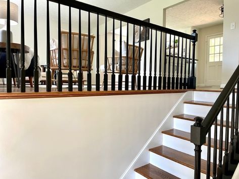 Raised Ranch Renovation – We are finished - Living Inspired by Mom Raised Ranch Half Wall Ideas, Raised Ranch Foyer Ideas Entryway, Split Level Railing Ideas Half Walls, Split Level Decorating Living Room, Raise Ranch Living Room Ideas, Raised Ranch Makeover, Tri Level Entryway Ideas, Split Ranch Entryway, Stair Railing Update