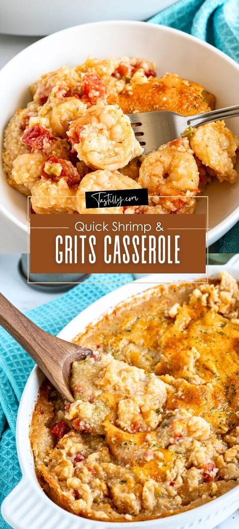 Quick Shrimp & Grits Casserole Cheesy Grits And Shrimp, Shrimp And Grits Casserole, 1970 Recipes, Cheesy Shrimp And Grits, Gf Entrees, Shrimp Casserole Recipes, Shrimp Dinners, Shrimp Casserole, Southern Foods