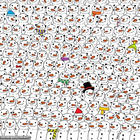 Last week, illustrator Gergely Dudás — who goes by his pen name, Dudolf — posted this drawing to his Facebook page, challenging readers to spot a panda in an army of snowmen. Can you spot the panda quickly? | The Internet Is Going Nuts Trying To Find The Hidden Panda In This Photo Can You Find It, Wheres Wally, Wheres Waldo, Animal Hide, Hidden Pictures, Picture Puzzles, Hidden Objects, Brain Teasers, Panda Bear