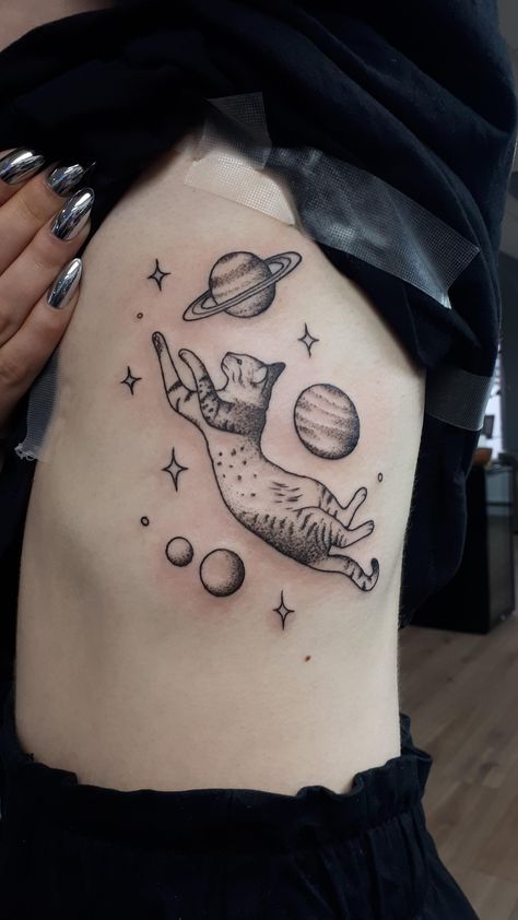 Space Kitty Tattoo, Cat Planet Tattoo, Cat In Space Tattoo, Cat Space Tattoo, Space Cat Tattoo, Space Arm Tattoo, Space Sleeve Tattoo, Space Tattoo Sleeve, Watercolor Fox Tattoos