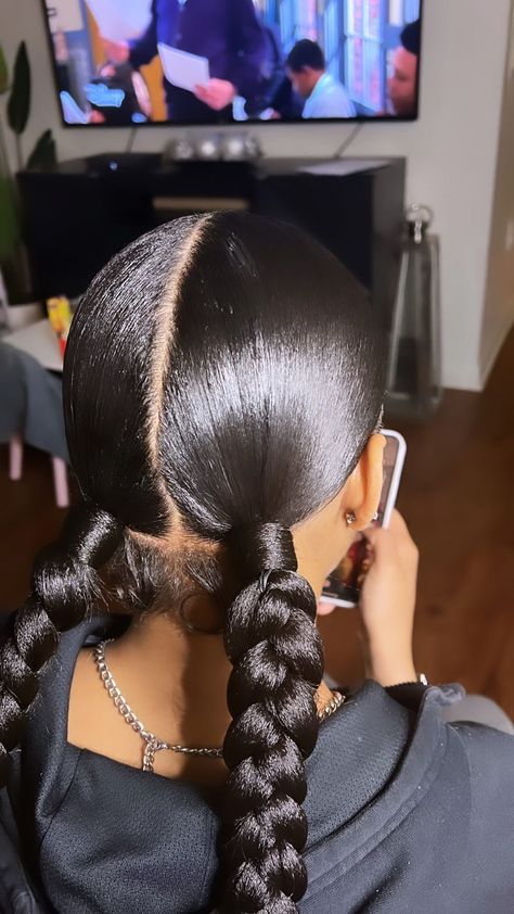 Black Hair Braid Ponytail, Two Low Braided Ponytail For Black Women, Two Pony Braids, 2braided Ponytail, Slick Back Braids Black Women, 2 Ponytail Braids For Black Women, Slick Back 2 Braided Ponytail Weave, Long Ponytail Braid Black Women, Two Braids In One Ponytail