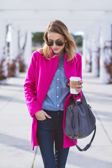 Little Blonde Book Styling Pink Coat, Fuschia Jacket Outfit, Hot Pink Jacket Outfit Winter, Fuchsia Jacket Outfit, Hot Pink Coat Outfit Winter, Hot Pink Cardigan Outfit, Pink Blazer Outfit Casual, Hot Pink Blazer Outfit, Hot Pink Coat