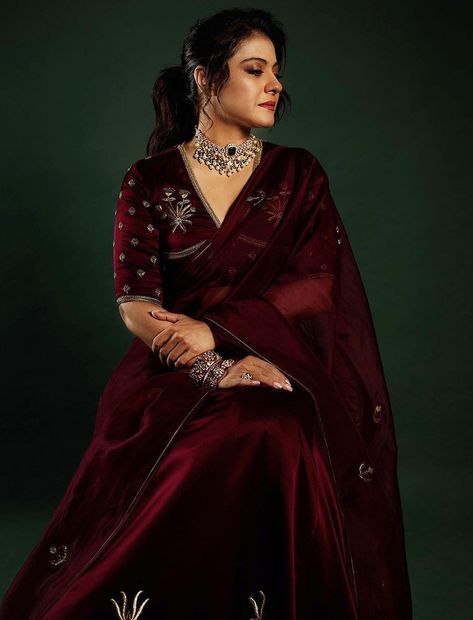 Raw Mango Lehenga, Satin Silk Lehenga, Kajol Devgan, Maroon Lehenga, Kerala Saree Blouse Designs, डिजाइनर कपड़े, Saree Wearing Styles, Simple Saree Designs, Raw Mango