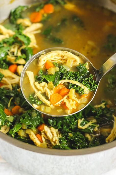 Chicken and Kale Soup | Foodtalk Chicken Noodle Soup With Kale, Lemon Chicken Kale Soup, Chicken And Kale Soup, Postpartum Preparation, Southwest Chicken Chili, Chicken Kale Soup, Chicken And Kale, Healthy Chicken Soup, Kale Soup Recipes