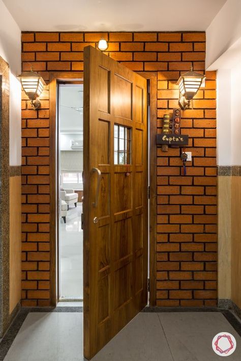 main door vastu-exposed brick wallpaper-wall-mounted light designs Main Door Panelling Design, Door Panelling, West Facing House, Entry Door Designs, House Entry, House Main Door, House Main Door Design, Main Entrance Door Design, Main Entrance Door