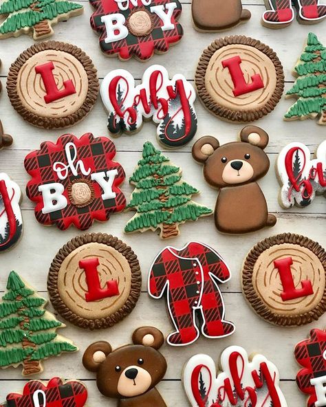 From Scratch Cookies, Safari Jungle Theme, Plaid Baby Shower, Lumberjack Birthday Party, Decorated Sugar Cookie, Cookie Birthday Party, Adventure Awaits Baby Shower, Lumberjack Baby Shower, Lumberjack Baby