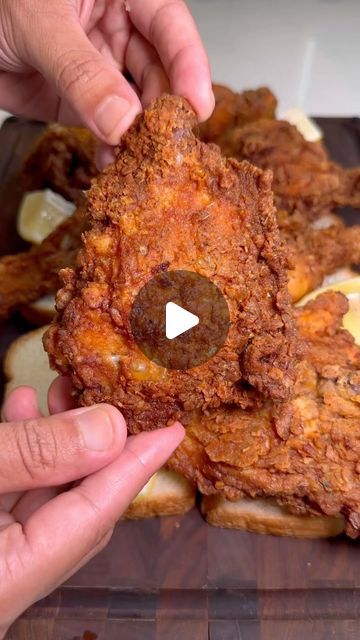 Matt Santos on Instagram: "Crispy and Juicy Fried Chicken 🍗🐔

Ingredients:
-3lbs chicken thighs and drumsticks, bone in and skin on 
-white bread and lemon wedges for serving 

Brine Solution:
-1 cup homemade buttermilk (1 cup milk mixed with 1 tbs apple cider vinegar) 
-1/3 cup pickle juice from jar 
-1/4 cup jalapeño juice from jar 
-1/4 cup hot sauce of your choice 
-1 tbs white sugar 
-2 tsp onion powder 
-2 tsp garlic powder
-2 tsp smoked paprika 
-1 tsp salt 
-1 tsp black pepper 

Flour Coating:
-3 cups flour 
-1 tbs onion powder 
-1 tbs garlic powder 
-2 tsp smoked paprika 
-2 tsp dried oregano
-2 tsp dried thyme 
-2 tsp black pepper 
-1 tsp cayenne pepper 
-1 tsp salt 

Instructions:
-add brine ingredients into large bowl and add chicken; press chicken down until fully submerged Dredge Chicken, Chicken Thighs And Drumsticks, Juicy Fried Chicken, Fried Chicken Thighs, Fried Chicken Ingredients, Homemade Buttermilk, Dried Thyme, Crispy Fried Chicken, Pickle Juice