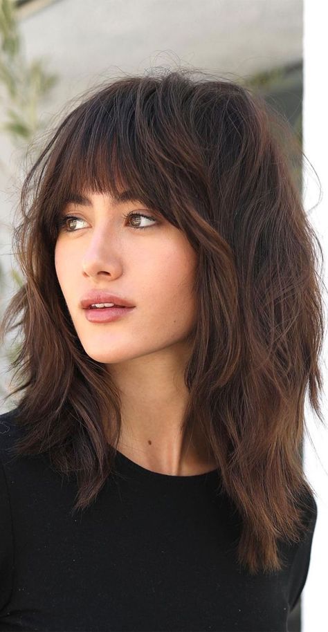 4. Bangs & Mid Length Haircut Not too short, not too long—just right! You will begin to notice a new trend this upcoming summer,... Hairstyles With Fringe, Beyonce Hair, Modern Shag Haircut, Layered Hairstyles, Bangs With Medium Hair, Midlength Haircuts, Fringe Hairstyles, Long Hair With Bangs, Mid Length Hair