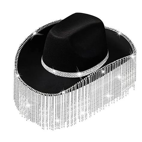 Fringe Cowboy Hat, Rhinestone Cowgirl Hat, Rave Hats, Rhinestone Cowgirl, Black Cowboy Hat, Cowboy Costume, Black Cowgirl, Denim And Diamonds, Women Cosplay