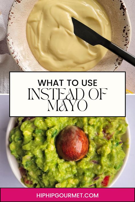 bowl of mayo with a knife at the top, bowl of guac with an avocado pit on the bottom Orzo With Mushrooms, Mayo Substitute, Healthy Mayo, Yogurt Substitute, Rice Instant Pot, Turmeric Rice, Make Greek Yogurt, Healthy Substitutions, Kitchen Tips And Tricks