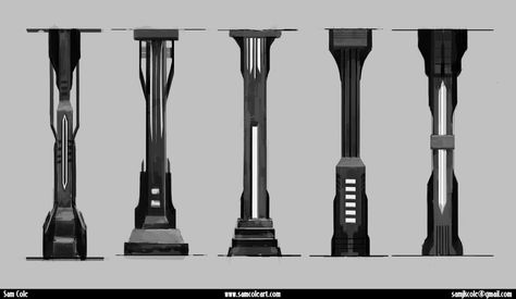 I included this image because it shows Futuristic pillar design examples, some of which have integrated lighting. Could inspire some design ideas. Scifi Library, Futuristic Library, Scifi Wall, Buildings Artwork, Pillar Design, Sci Fi Props, Modular Structure, Spaceship Interior, Environment Props