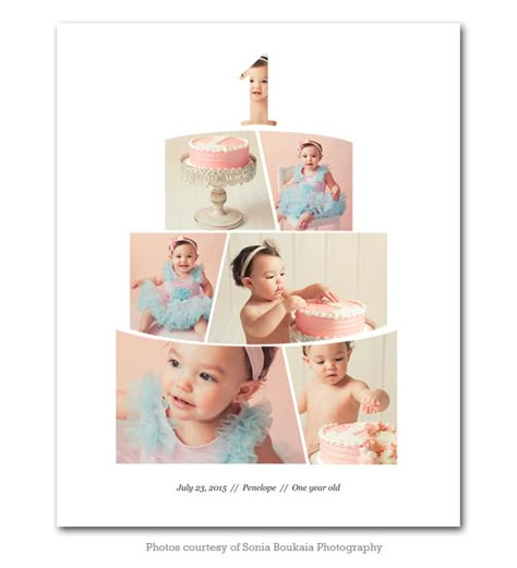 Penelope Cake Smash Collage Baby Album Design, Baby Photo Collages, Baby Collage, Birthday Photo Album, Photobook Ideas, Photobook Layout, Birthday Photo Collage, Shape Collage, Birthday Collage