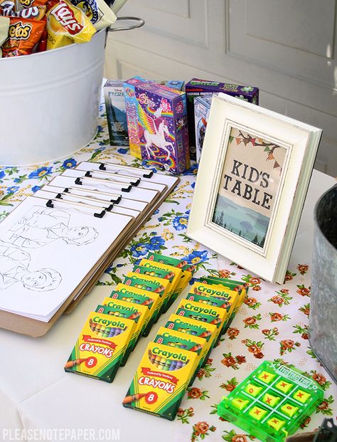 Kid's Table - Camping Theme Wedding Reception Camping Theme Wedding, Kids Table Wedding, Wedding Favor Table, Kids Wedding Activities, Wedding Activities, Wedding Favors Cheap, Beach Wedding Favors, Wedding Centerpieces Diy, Future Wedding Plans