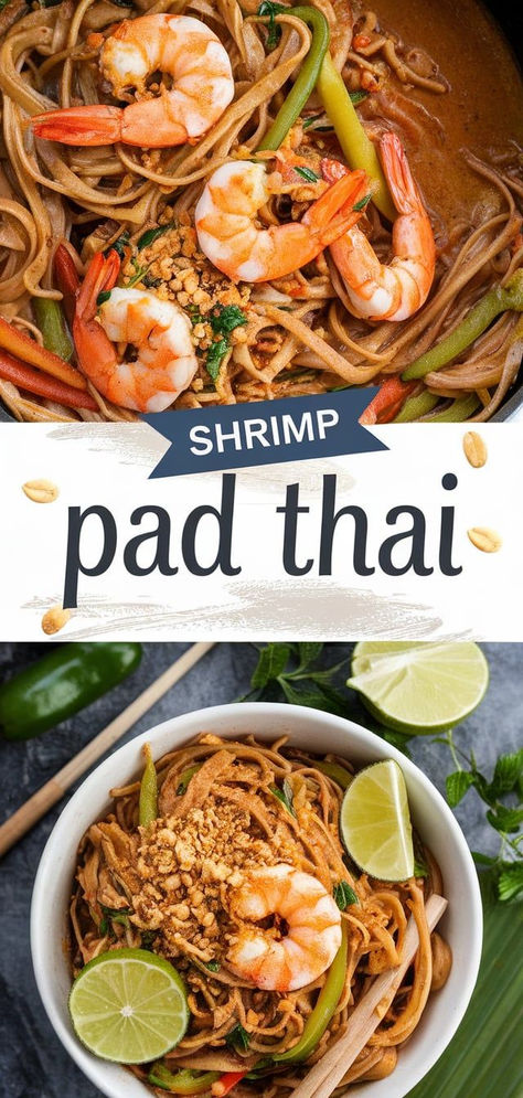 Shrimp Pad Thai: a classic Thai street food dish that’s full of flavor! Juicy shrimp, tender rice noodles, crunchy peanuts, and fresh lime come together in a tangy-sweet, umami-rich sauce. Shrimp Pad Thai Recipe, Shrimp Pad Thai, Tamarind Sauce, Thai Recipe, Pad Thai Recipe, Juicy Shrimp, Thai Noodles, Thai Street Food, Thai Dishes