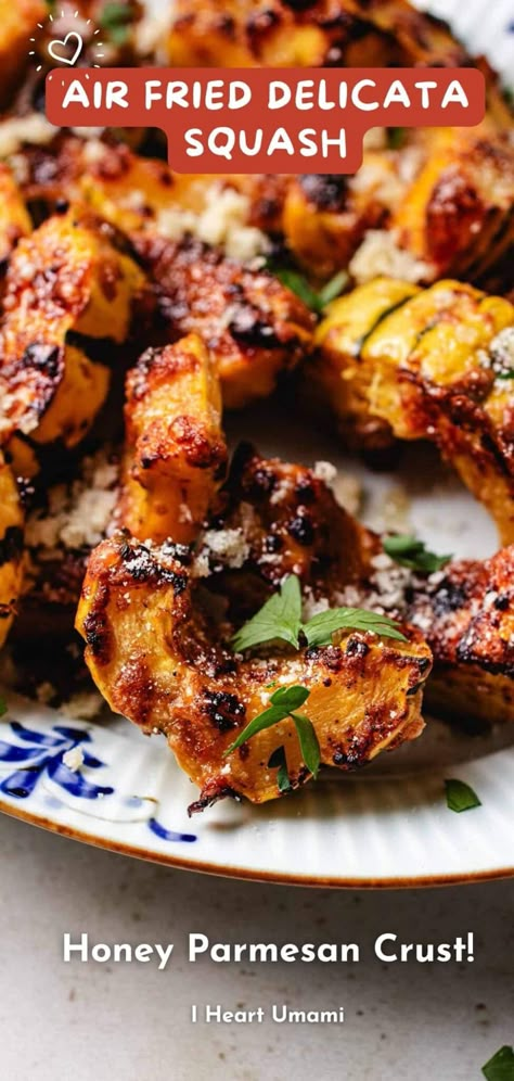 Try this quick and easy air fryer delicata squash recipe with a caramelized honey parmesan crust.  A perfect side dish for fall and holidays! Air Fryer Delicata Squash Recipes, Fried Delicata Squash, Honey Sriracha Brussel Sprouts, Easy Squash Recipes, Umami Recipes, Caramelized Honey, Gluten Free Asian Recipes, Delicata Squash Recipe, Air Fryer Recipes Vegetarian