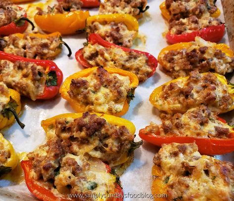 Pepper Poppers, Spicy Italian Sausage, Mini Sweet Peppers, Potluck Party, Sweet Bell Peppers, Drink Inspiration, Stuffed Mini Peppers, Hot Italian Sausage, Sausage And Peppers