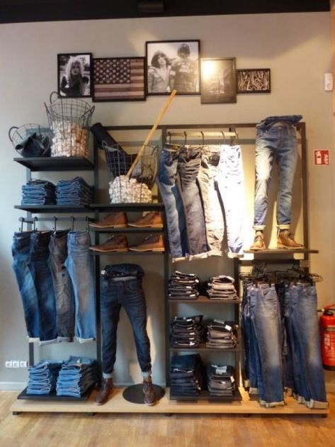 Stuttgard denim display Denim Display, Display Visual Merchandising, Clothing Store Displays, Clothing Store Interior, Retail Store Display, Clothing Store Design, Store Design Boutique, Visual Merchandising Displays, Boutique Display