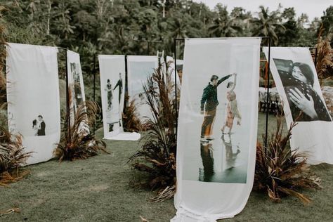 Photo installation for Sylvia & Tirto’s wedding day. Incorporating flowy material as the photo canvas, this design would surely invoke an… | Instagram Photo Installation, Wedding Photo Display, Rustic Wedding Backdrops, Wedding Parties Colors, Wedding Stage Design, Cricut Wedding, Wedding Backdrop Design, Outdoor Wedding Inspiration, Outdoor Wedding Decorations