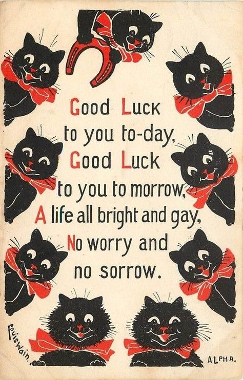 VINTAGE BLACK CAT GREETING CARD Carmen Core, Cat Draw, Louis Wain Cats, Louis Wain, Black Cat Art, Cats Artists, Good Luck To You, Cat Cards, Cat Quotes