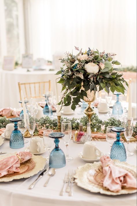 Dusty Blue And Pink Wedding Theme Table Settings, Light Pink And Navy Wedding Decor, Powder Blue And Blush Pink Wedding, Blue Pink Table Decor, Soft Pink And Blue Wedding, Dusty Pink And Blue Wedding Theme, Periwinkle And Blush Wedding, Blue Blush Wedding, Dusty Blue And Hot Pink Wedding