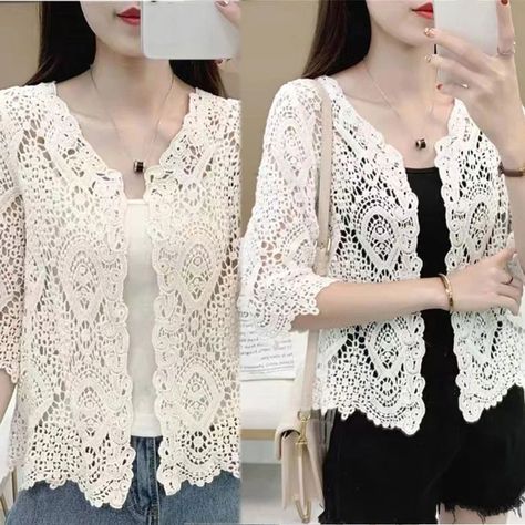 3.69US $ 26% OFF|Women Summer Knitted Lace Shrug Boho Hollow Crochet Floral 3/4 Sleeves Open Front Cropped Cardigan Elegant Short Mesh Sweater Up| |   - AliExpress Summer French Style, Lace Shrug, Mesh Sweater, Sheer Crop Top, Knitted Lace, Bolero Cardigan, Crop Cardigan, Cotton Kimono, Kimono Cardigan