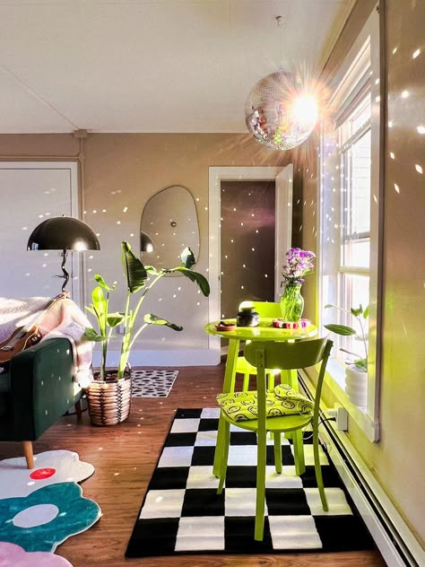 disco ball Apartment Vibes, Dream Apartment Decor, Future Apartment Decor, Funky Home Decor, Home Vibes, Apartment Aesthetic, Apartment Decor Inspiration, Future Apartment, Dream Apartment