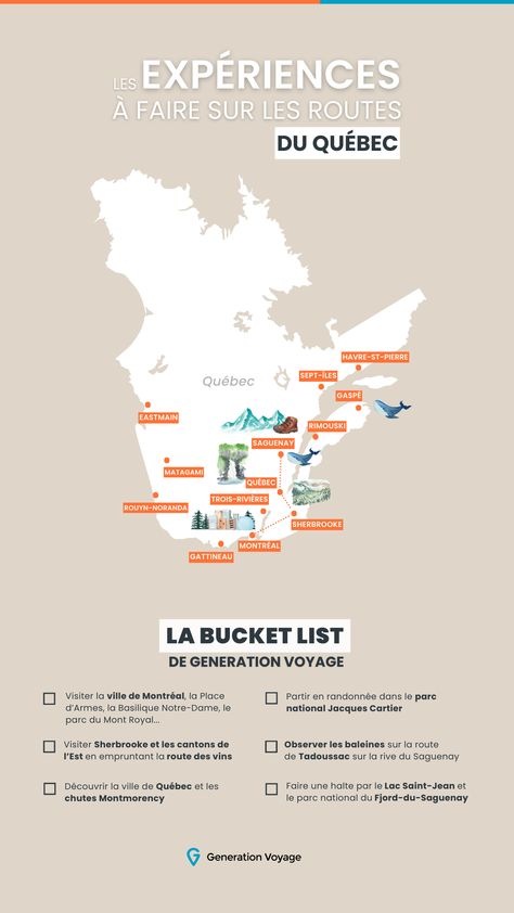 Que faire et que voir au Québec ? On vous partage notre bucket list des choses incontournables à faire lors d'un voyage au Québec au Canada ! Vivez et cochez les meilleurs expériences de Montréal en passant par Québec ou encore Tadoussac...Découvrez aussi les meilleures expériences et tous les conseils sur notre guide voyage Canada. Canada Quebec, Canada Travel Guide, La Rive, Quebec Canada, Travel List, Canada Travel, To Do List, Travel Guide, Bucket List