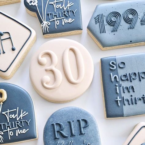 Cookie Therapy on Instagram: "Such a fun 30th birthday set! With all the jokes.  . . . . . #30thbirthday #30thbirthdaycookies #talkthirtytome #sohappyimthirty #sugarcookiesofinstagram #cookiesofinstagram #royalicing #royalicingcookies #birthdaycookies #1994" 30th Bday Cookies Women, 30th Birthday Cookies For Men, Cookies 30th Birthday, 30 Birthday Cookies, 30th Birthday Cookies, Men 30th Birthday, 2024 Cookies, 30th Birthday Men, 30th Birthday Themes