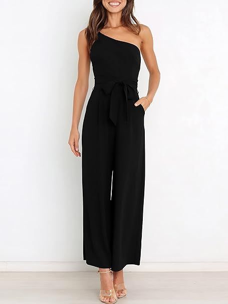 ANRABESS Women's Summer Dressy One Shoulder Sleeveless Tie Waist Backless Casual Wide Leg Jumpsuit Rompers Pockets Jumpsuits For Women Casual Summer, Trendy Jumpsuits For Women, Jumpsuits For Women Casual, Woman Jumpsuit, Dressy Jumpsuits, Chic Fashion Style, Trendy Jumpsuit, One Shoulder Jumpsuit, Jumpsuit Dressy