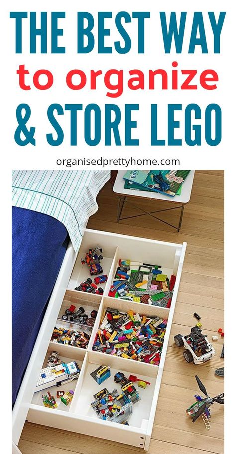 What is the best way to store the kids' Lego? Check out these lego storage & organization ideas and solutions. - Organised Pretty Home | DIY | Ikea | by color | under bed | containers | boxes | drawers | display table | bag | boys | for girls | dollar store | playroom | built | organizers  #lego #legostorage #legotable #legominifigures #ikea #diy #playroom #playroomideas #organize #organizedhome #kids #kidsroom #organizetoys #organizelego Lego Storage Ideas Organizers, Kids Lego Storage, Lego Storage Diy, Lego Storage Organization, Kindergarten Organization, Lego Organization, Diy Organizer, Girls Playroom, Kids Toys For Boys