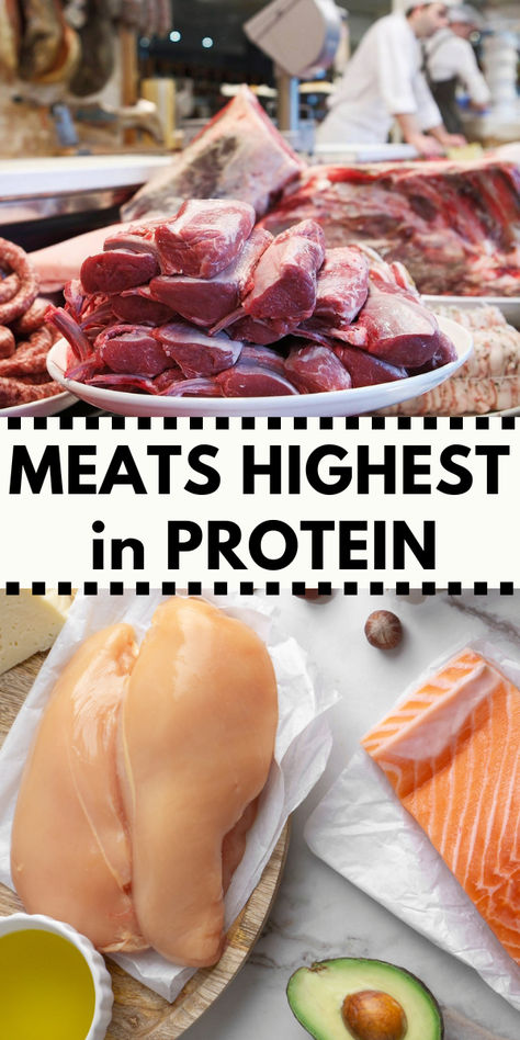 images of meat including pork, beef, and chicken. Highest Protein Meat, Meat Protein Chart, Meats High In Protein, Mexican Beef Recipes, Low Carb Beef Recipes, Mexican Food Recipes Beef, Slow Cooker Beef Recipes, Protein Goals, Protein Meats