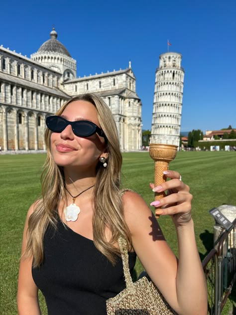 Leaning tower of Pisa, ice cream, Italy, Prada sunglasses, tower cone, ice cream cone Pisa Tower Photos, Leaning Tower Of Pisa Poses, Leaning Tower Of Pisa Photo Ideas, Italy Ideas Photo, Pisa Italy Outfit, Travel Photography Ideas Instagram, Tower Of Pisa Poses, Pisa Outfits, Photo Ideas In Italy