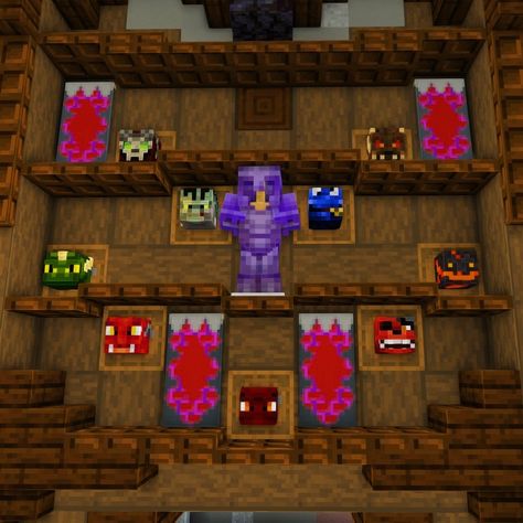 Minecraft Trophy Room Ideas, Trophy Room Minecraft, Minecraft Armor Room, Minecraft Trophy Room, Minecraft Interiors, Minecraft Screenshots, Fantasy Minecraft, Trophy Wall, Castle Exterior