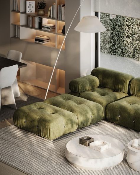 Green Sofa Living, Green Couch Living Room, Croatian Coast, Japandi Living Room, Mediterranean Landscape, Art Deco Living Room, Japandi Living, House Interior Design Styles, Olive Leaves