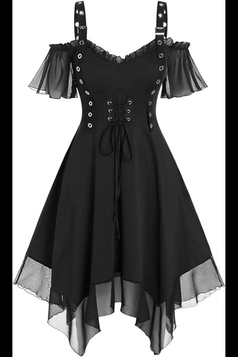 This enchanting black dress, with its playful off-shoulder ruffle sleeves and eye-catching lace-up corset bodice, cascades into an asymmetrical hemline trimmed with delicate lace, making it a captivating choice for any Pinterest collection. #plussize #gothic #gothdress #straps #amazon #vintage #Sleeveless #Aesthetic Strappy Wedding Dress, Gothic Corset Dresses, Summer Dress Trends, Cheap Dresses Online, Rose Gal, Goth Dress, Gothic Dress, Spring Outfits Women, Summer Fashion Trends